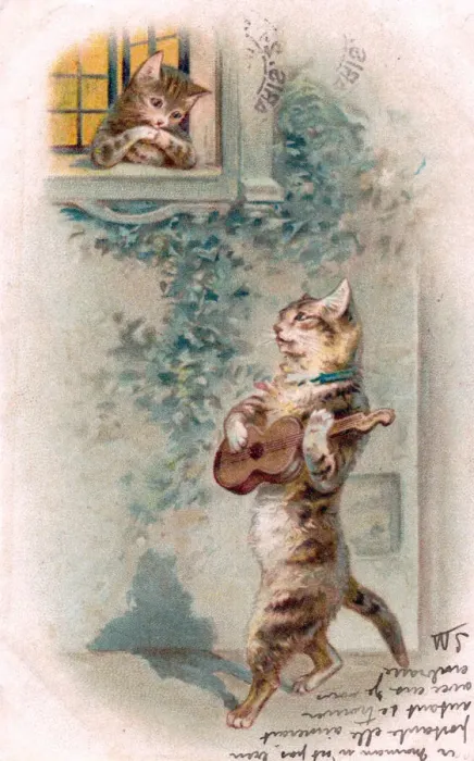 Framed Print : Musical cat with guitar serenading on a postcard Framed Print : Musical cat with guitar serenading on a postcard