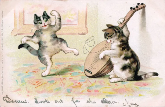 Framed Print : Musical cat playing a mandolin on a German postcard Framed Print : Musical cat playing a mandolin on a German postcard
