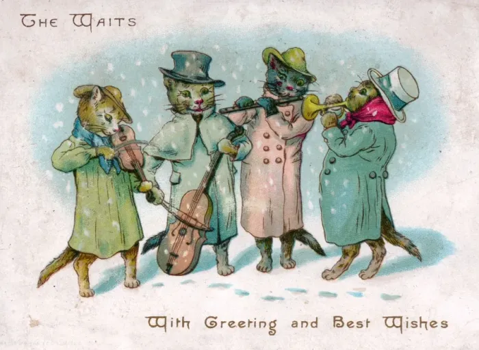 Framed Print : Four musical cats on a Christmas card