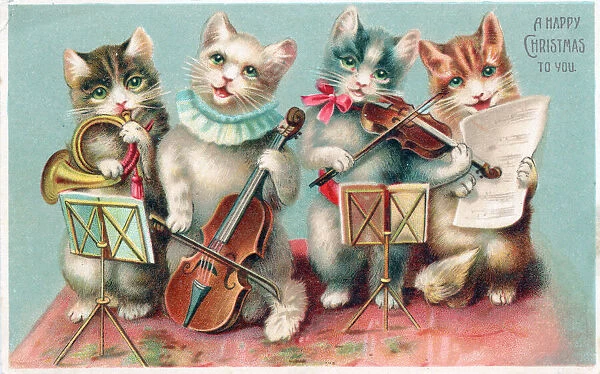 Four musical cats on a Christmas postcard