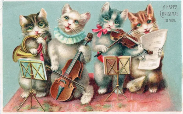 Framed Print : Four musical cats on a Christmas postcard Framed Print : Four musical cats on a Christmas postcard