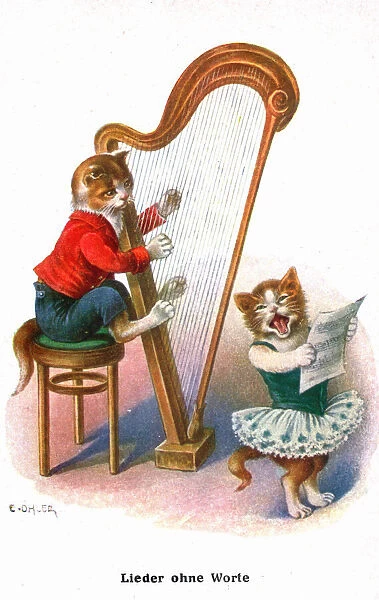 Two musical cats on a German greetings postcard