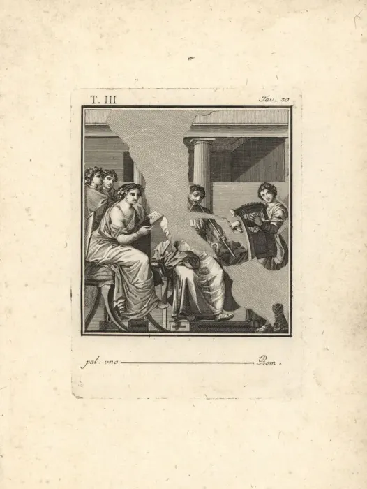 Framed Print : Musical concert with poetess, lyre and tibia players Framed Print : Musical concert with poetess, lyre and tibia players