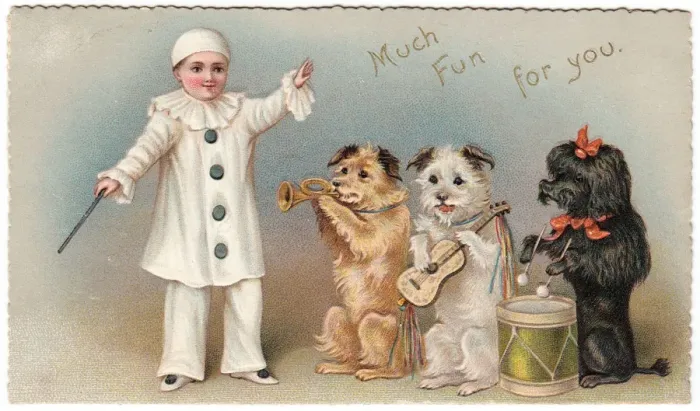 Framed Print : Three musical dogs and a clown on a greetings card Framed Print : Three musical dogs and a clown on a greetings card