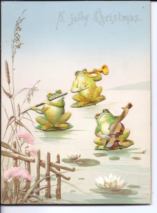 Framed Print : Three musical frogs on a movable Christmas card Framed Print : Three musical frogs on a movable Christmas card