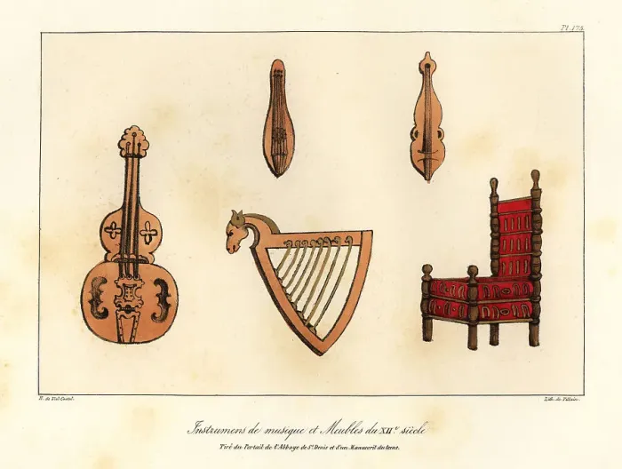 Framed Print : Musical instruments (guitar, citoles and harp) and furniture of Framed Print : Musical instruments (guitar, citoles and harp) and furniture of