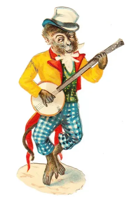 Framed Print : Musical monkey on a Victorian scrap Framed Print : Musical monkey on a Victorian scrap
