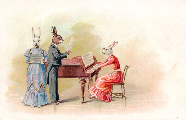 Musical rabbits with piano on a greetings postcard