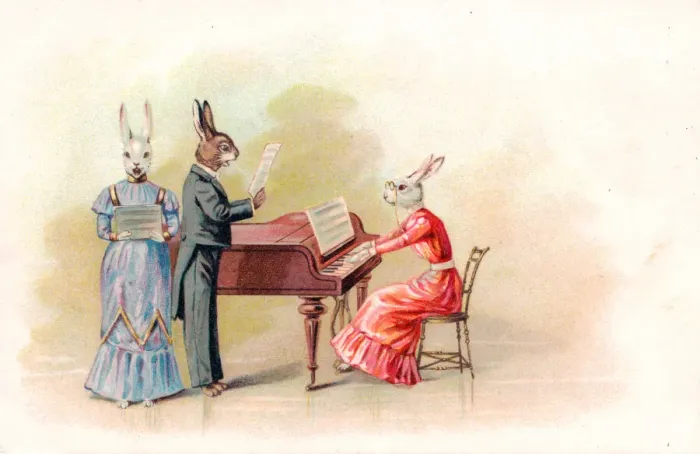 Framed Print : Musical rabbits with piano on a greetings postcard Framed Print : Musical rabbits with piano on a greetings postcard