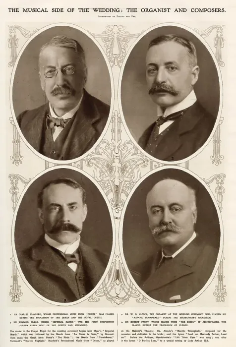 Framed Print : The musical side of the wedding: the organist and composers. Top left, Sir Charles Stanford, whose processional music from Drake was played during teh procession of the Queen and the royal guests. Top right, Dr. W. G Framed Print : The musical side of the wedding: the organist and composers. Top left, Sir Charles Stanford, whose processional music from Drake was played during teh procession of the Queen and the royal guests. Top right, Dr. W. G