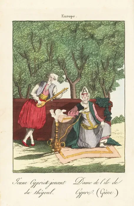 Framed Print : Musician and woman seated on a carpet, Cyprus, 1800s Framed Print : Musician and woman seated on a carpet, Cyprus, 1800s