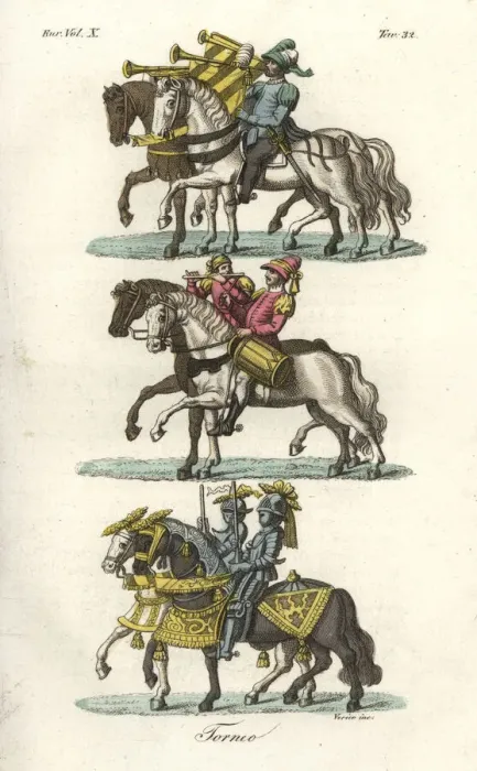 Framed Print : Musicians and knights in armour at a medieval tournament Framed Print : Musicians and knights in armour at a medieval tournament