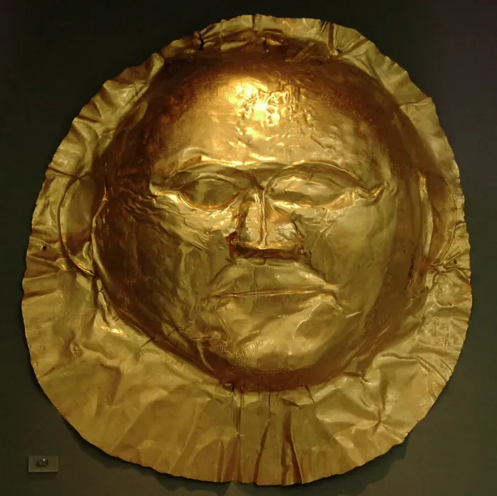 Framed Print : Mycenaean art. Greece. Funerary Mask in gold foil embossing Framed Print : Mycenaean art. Greece. Funerary Mask in gold foil embossing