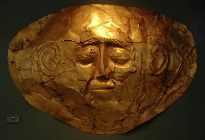 Framed Print : Mycenaean art. Greece. Funerary Mask in gold foil embossing Framed Print : Mycenaean art. Greece. Funerary Mask in gold foil embossing