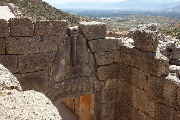 Mycenaean Art. The Lion Gate of Mycenes fortress. Peloponnes
