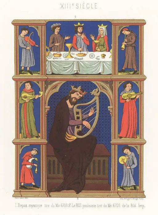 Framed Print : A mystical meal and King David playing psalms, 13th century Framed Print : A mystical meal and King David playing psalms, 13th century