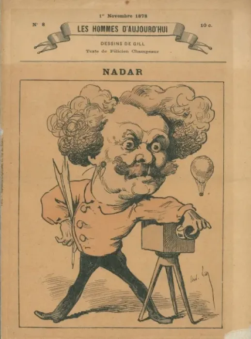Framed Print : Nadar. French caricature of photographer and balloonist Nadar, standing next to his camera Framed Print : Nadar. French caricature of photographer and balloonist Nadar, standing next to his camera