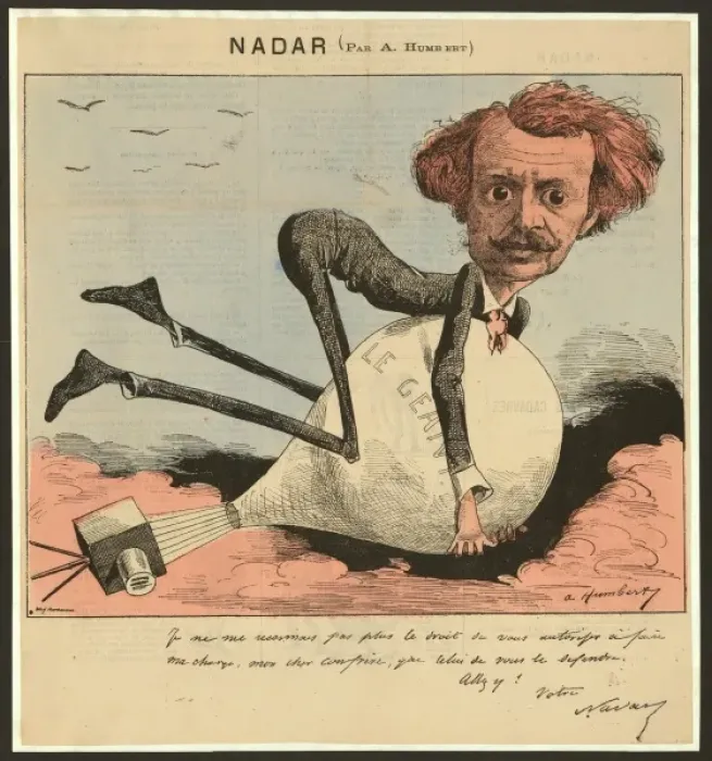 Framed Print : Nadar. French caricature of photographer and balloonist Nadar hanging onto his balloon Framed Print : Nadar. French caricature of photographer and balloonist Nadar hanging onto his balloon