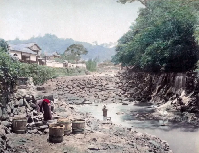 Framed Print : Nakajima, Nikko, Japan, circa 1880s - Washing clothes in a r Framed Print : Nakajima, Nikko, Japan, circa 1880s - Washing clothes in a r