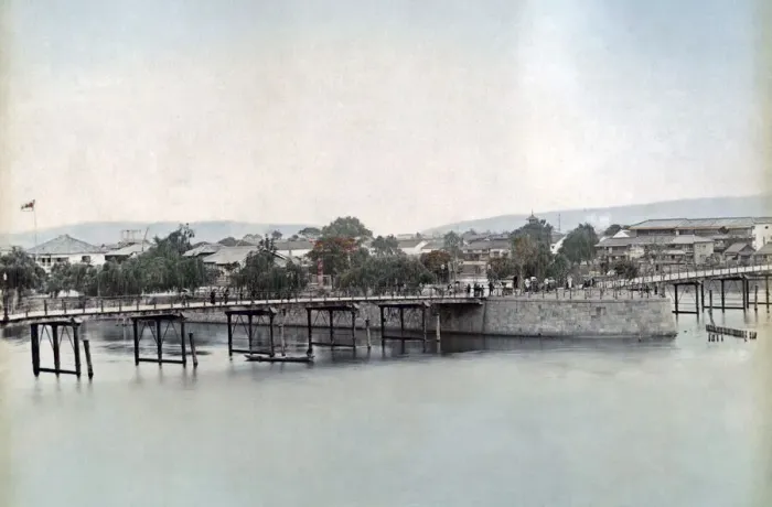 Framed Print : Naniwa Bridge, osaka, Japan, circa 1880s. Date: circa 1880s Framed Print : Naniwa Bridge, osaka, Japan, circa 1880s. Date: circa 1880s