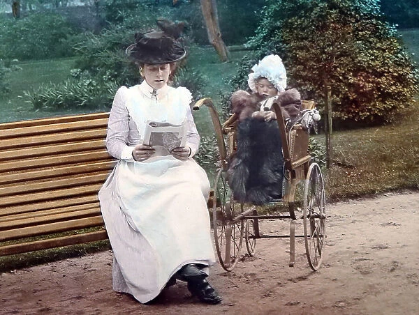 A nanny with child in the park, Victorian period