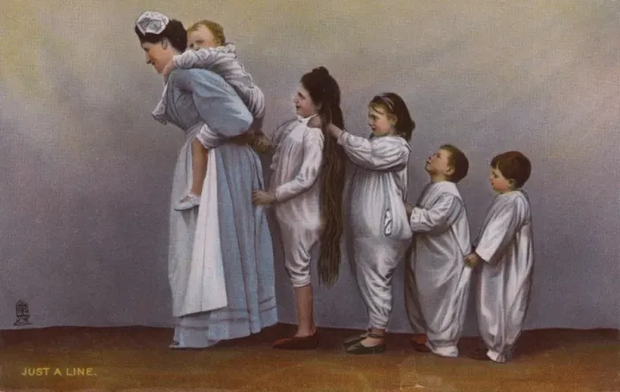Framed Print : Nanny with five children all in a line Framed Print : Nanny with five children all in a line