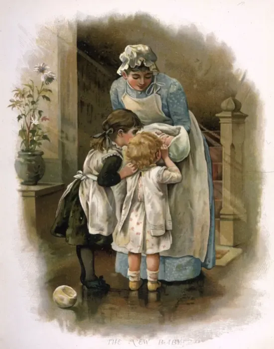 Framed Print : Nanny holding new baby for children to see Framed Print : Nanny holding new baby for children to see