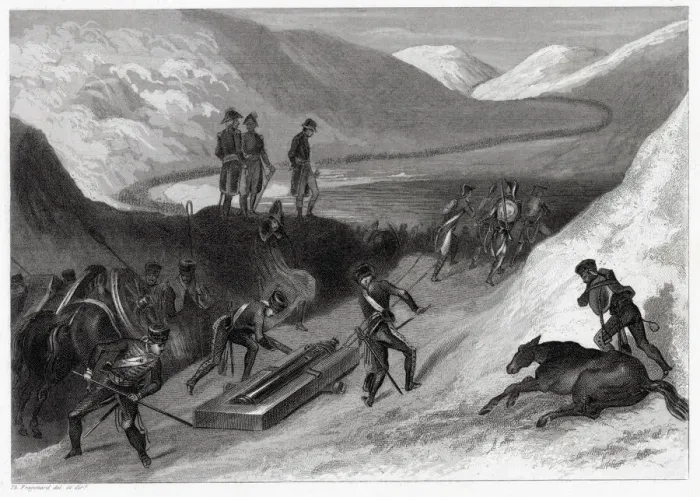 Framed Print : Napoleon crosses the St Bernard pass into Italy : his cannon are carried on sledges Framed Print : Napoleon crosses the St Bernard pass into Italy : his cannon are carried on sledges