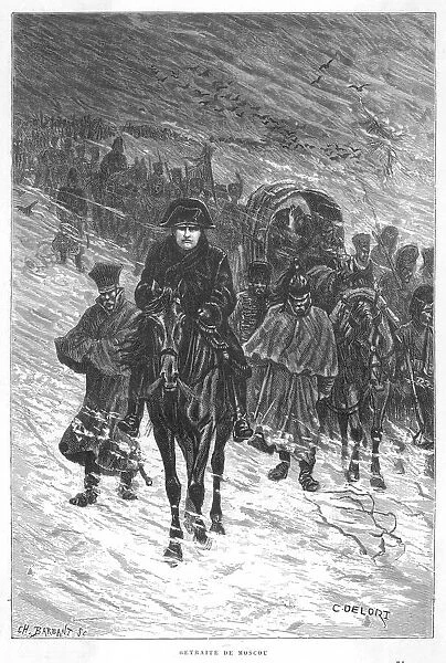 Napoleon on horseback, retreating from Moscow