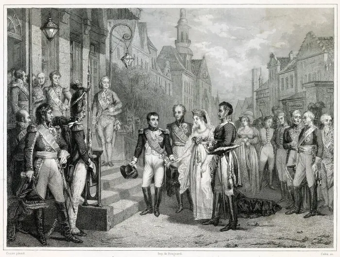 Framed Print : Napoleon and Konigin Luise of Prussia meet at Tilsit Date: 6 May 1807 Framed Print : Napoleon and Konigin Luise of Prussia meet at Tilsit Date: 6 May 1807