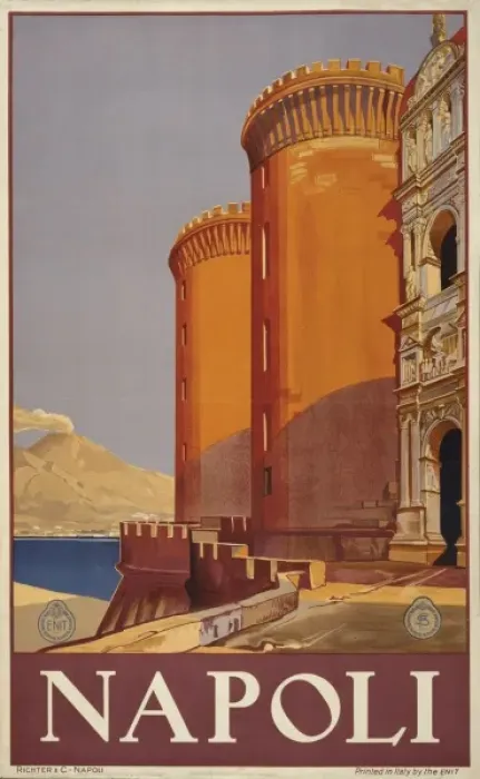 Framed Print : Napoli. Poster showing Vesuvius and the bay of Naples from the terrace of a fortress Framed Print : Napoli. Poster showing Vesuvius and the bay of Naples from the terrace of a fortress