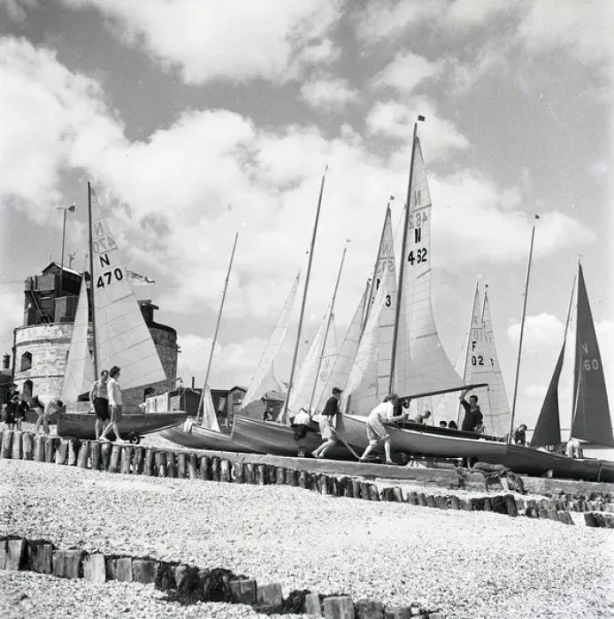 Framed Print : National 12 sailing dinghies on a Devon beach Framed Print : National 12 sailing dinghies on a Devon beach