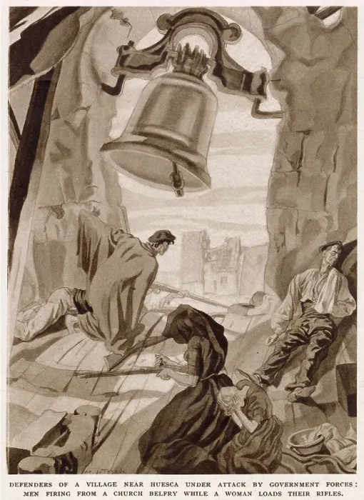 Framed Print : Two Nationalist soldiers firing their weapons from a bell tower, with a woman reloading their rifles, during the Spanish Civil War, 1937. This illustration was made by a Nationalist supporter in a village near Huesca. Date: 1937 Framed Print : Two Nationalist soldiers firing their weapons from a bell tower, with a woman reloading their rifles, during the Spanish Civil War, 1937. This illustration was made by a Nationalist supporter in a village near Huesca. Date: 1937
