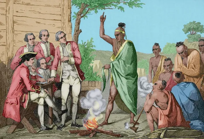 Framed Print : Native American council and conquistadors meet around fire