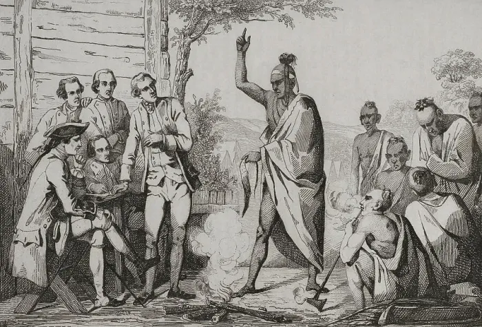 Framed Print : Native American council and conquistadors meeting Framed Print : Native American council and conquistadors meeting