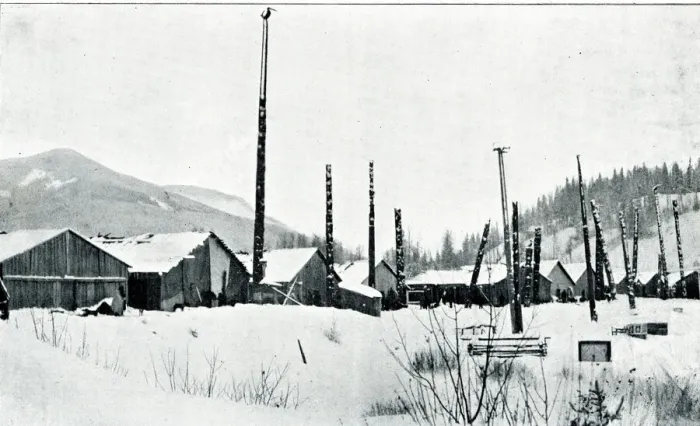 Framed Print : Native American Indian village with totem poles Framed Print : Native American Indian village with totem poles