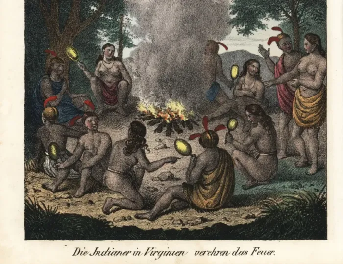 Framed Print : Native American men and women of Virginia worshipping fire Framed Print : Native American men and women of Virginia worshipping fire