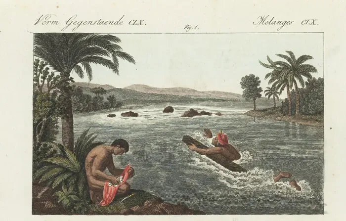 Framed Print : Native American swimmer-couriers in Peru, 1800s Framed Print : Native American swimmer-couriers in Peru, 1800s