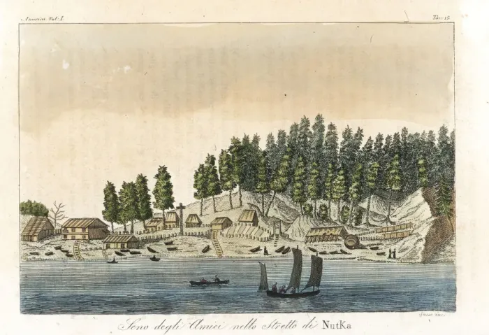 Framed Print : Native American village on the banks of the Nootka Sound Framed Print : Native American village on the banks of the Nootka Sound