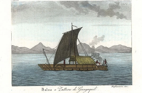 Native Americans of Guayaquil, Ecuador, on a raft with sail