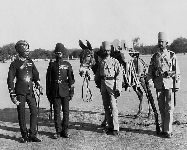 Native soldiers and mule, India