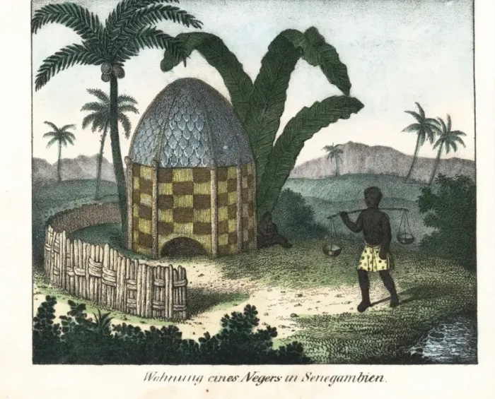 Framed Print : Native thatched hut under palm trees in Senegambia Framed Print : Native thatched hut under palm trees in Senegambia