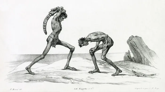 Framed Print : Two natives of New South Wales fight a duel : judging by the submission of one to the other, this is some kind of ritual affair Date: 1830s Framed Print : Two natives of New South Wales fight a duel : judging by the submission of one to the other, this is some kind of ritual affair Date: 1830s