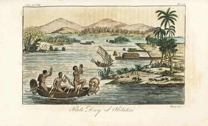 Framed Print : Natives in an outrigger canoe, Dory harbour Framed Print : Natives in an outrigger canoe, Dory harbour