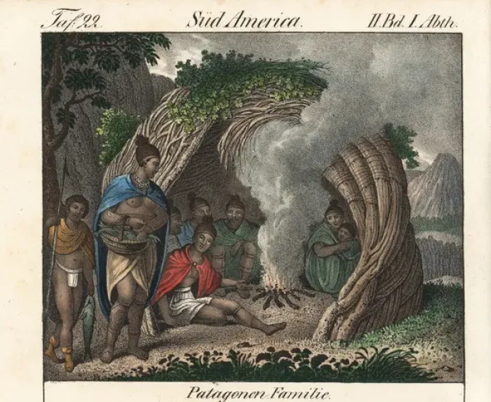 Framed Print : Natives of Patagonia in a hut made out of branches Framed Print : Natives of Patagonia in a hut made out of branches
