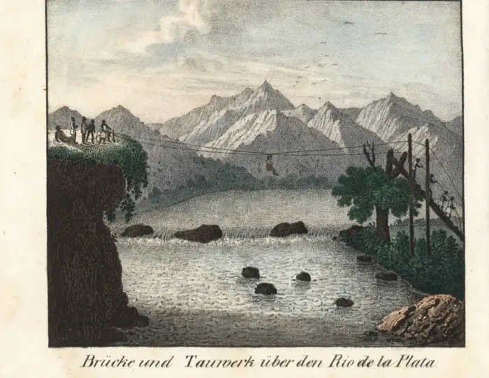 Framed Print : Natives using a rope bridge to cross the Rio de la Plata Framed Print : Natives using a rope bridge to cross the Rio de la Plata