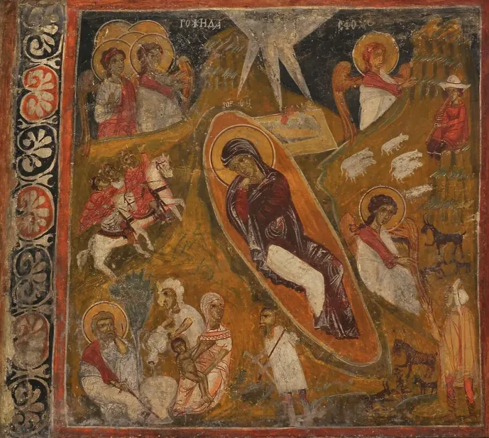 Framed Print : The Nativity of Christ. Mural painting. Detail Framed Print : The Nativity of Christ. Mural painting. Detail