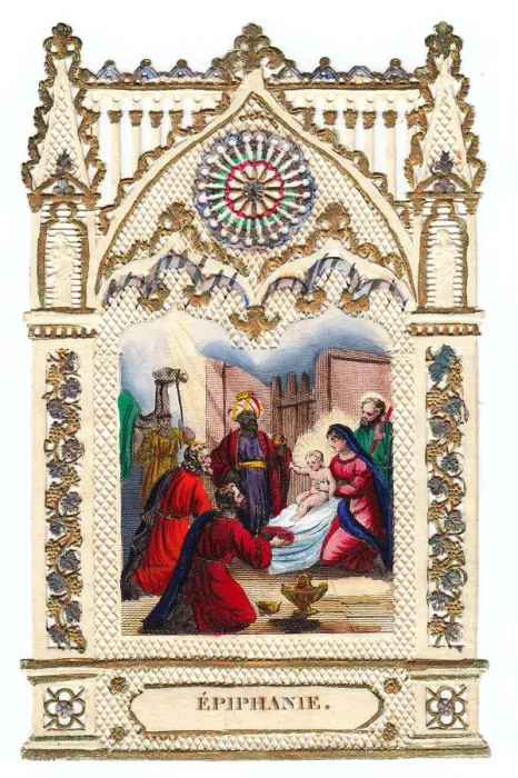Framed Print : Nativity scene on a paper lace Christmas card Framed Print : Nativity scene on a paper lace Christmas card