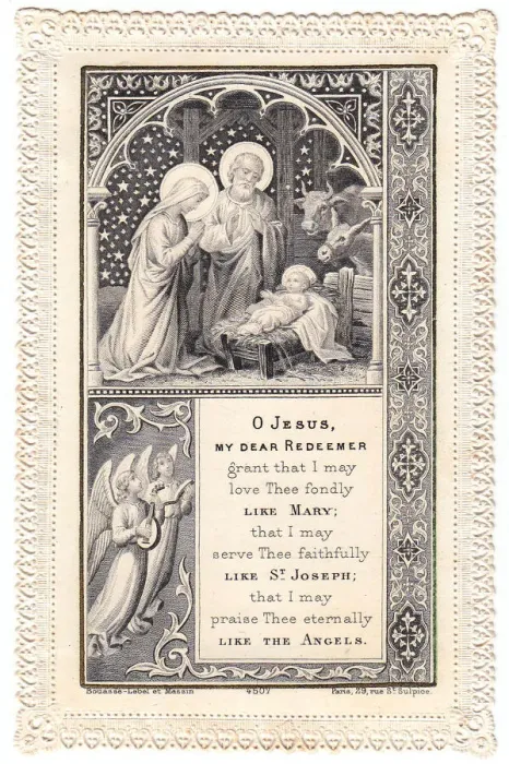 Framed Print : Nativity scene with prayer on a French Christmas card Framed Print : Nativity scene with prayer on a French Christmas card