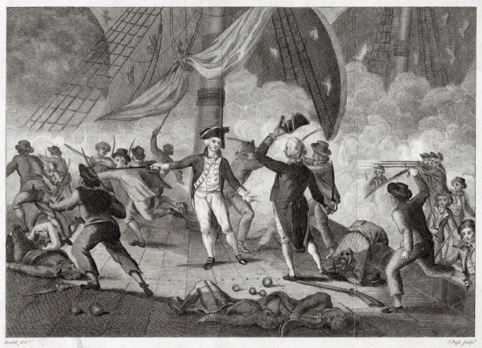 Framed Print : NAVAL ACTION The French frigate Cleopatre is boarded and taken by Framed Print : NAVAL ACTION The French frigate Cleopatre is boarded and taken by